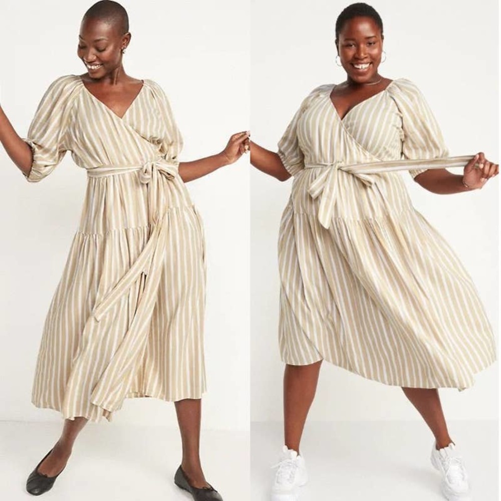 NWOT Old Navy Plus Tan Striped Waist Defining Tie Belt Midi Wrap Dress Size 4X
